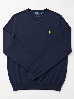 Polo Ralph Lauren Men’s Navy 100% Pima Cotton V-Neck Sweater Medium